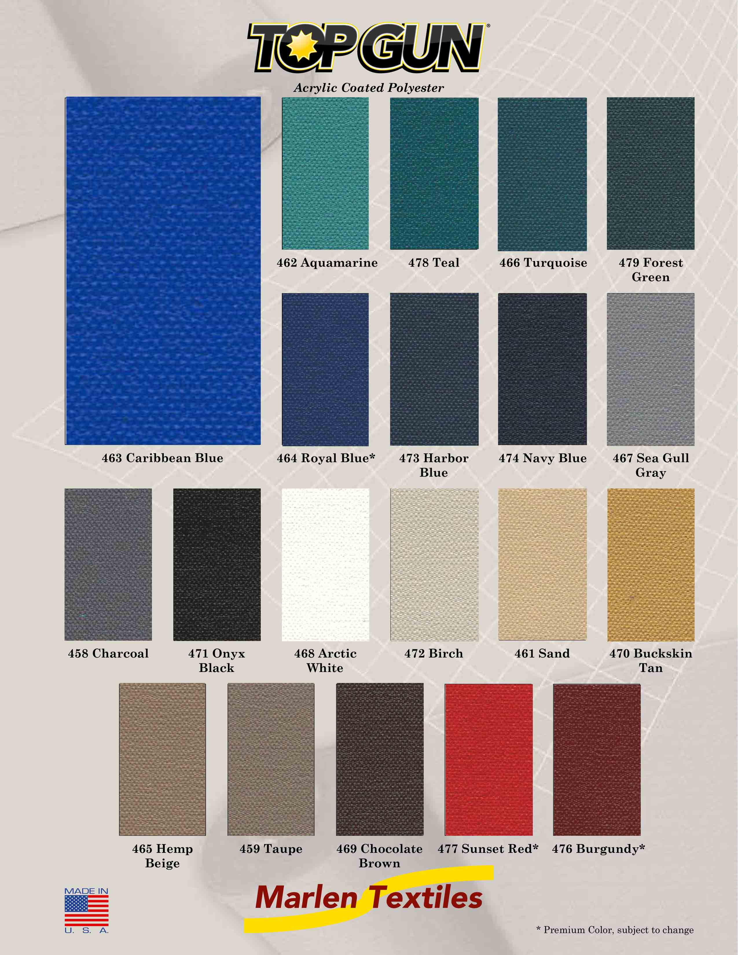 Marlen Textiles  Top Gun Acrylic Coated Polyester Fabric Colors